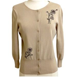 VINTAGE LOFT Womens Tan Cardigan Beaded Floral Embellished Size Small